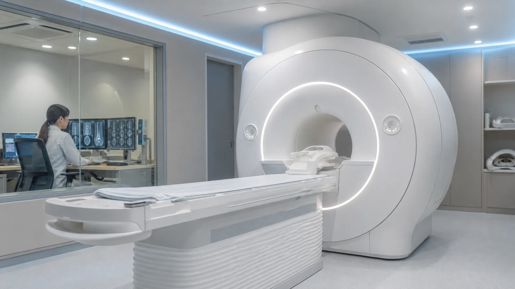 MRI 검사실에서 모니터를 확인하는 방사선사