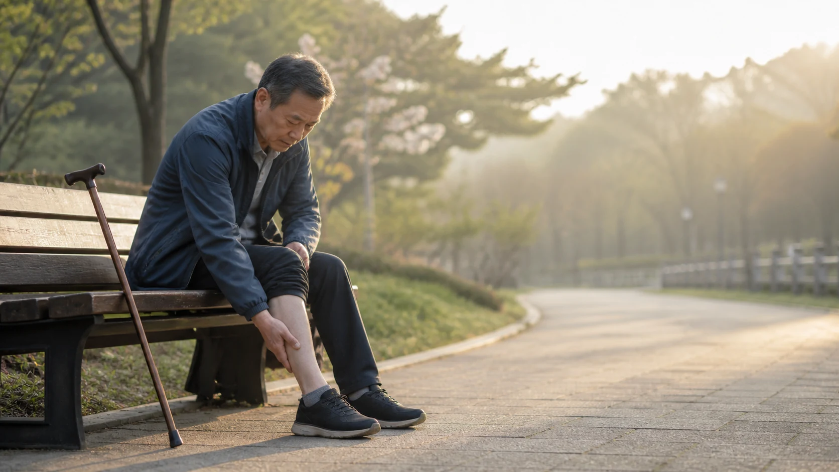 이른 아침 공원 벤치에 앉아 종아리를 주무르는 한국인 60대 남성 — 걷다가 다리가 저려 쉬는 척추관협착증 증상